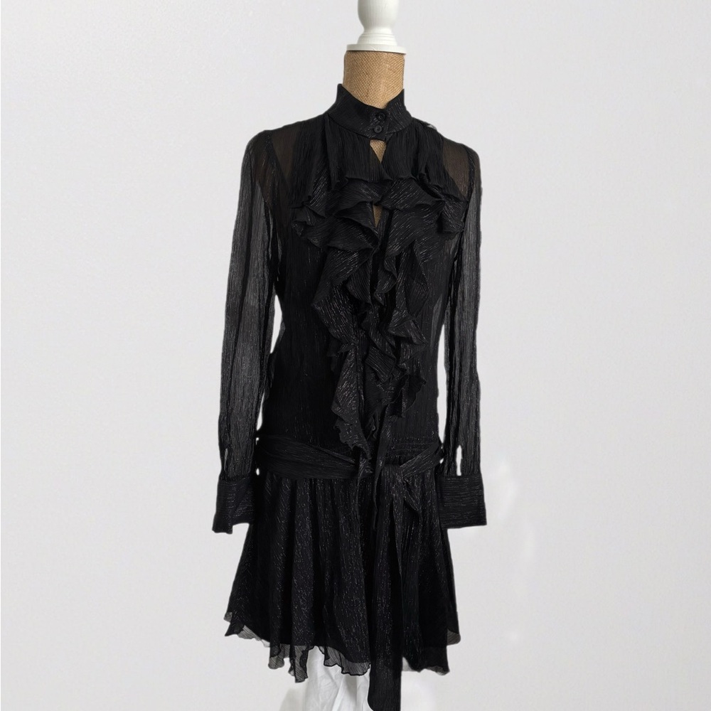 Armani Exchange Black Mini Dress with Ruffled Pleats and Long Bishop Sleeves